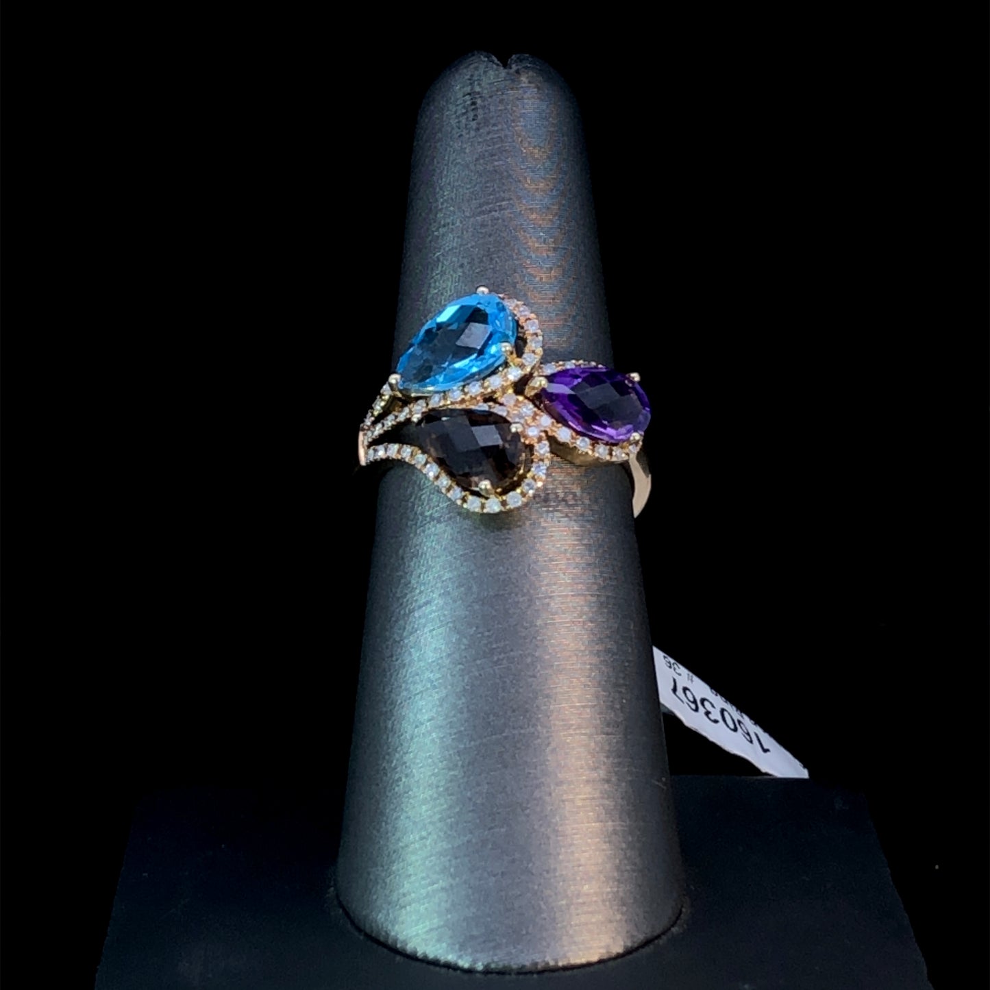 160367 - 3.18 ctw blue topaz, amethyst, smokey quartz and diamond ring
