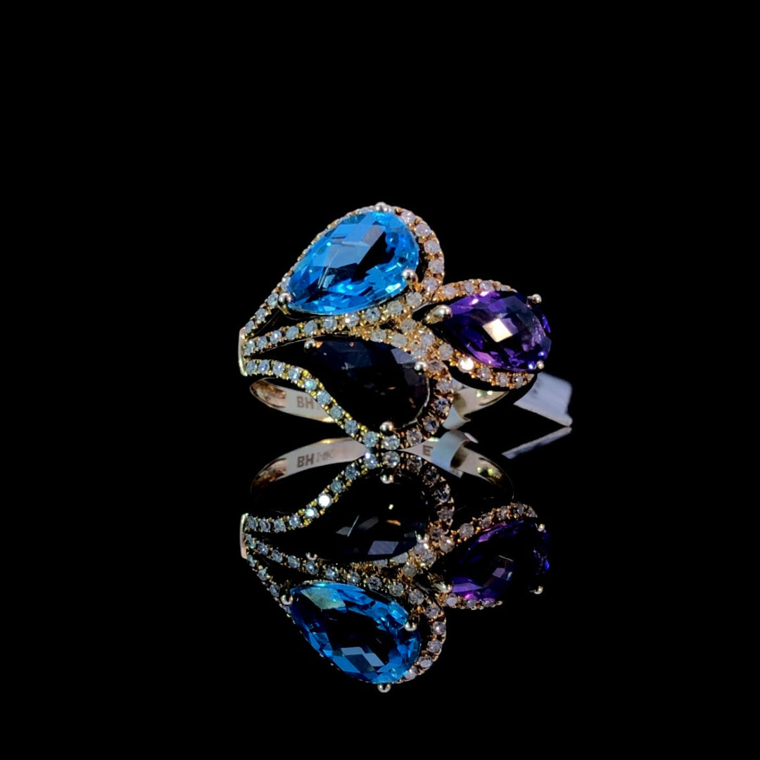 160367 - 3.18 ctw blue topaz, amethyst, smokey quartz and diamond ring