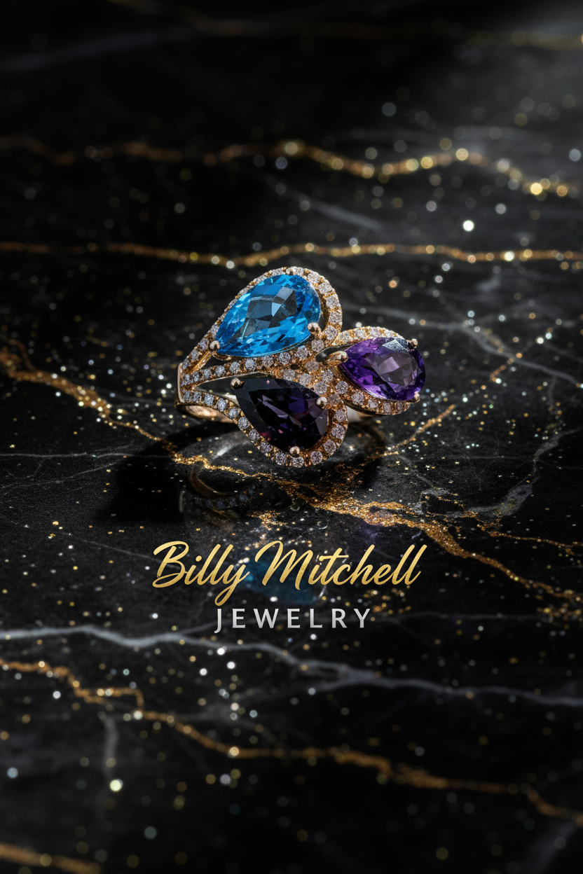 160367 - 3.18 ctw blue topaz, amethyst, smokey quartz and diamond ring