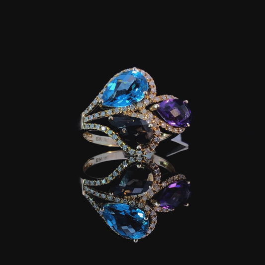 160367 - 3.18 ctw blue topaz, amethyst, smokey quartz and diamond ring